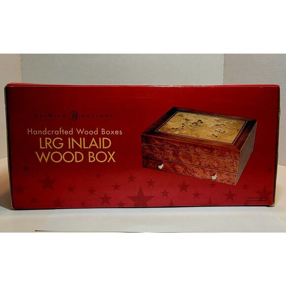 Honey Colored Wood Inlay Jewelry Box Plush Lining 2 Tier multiple storage areas - Picture 11 of 12